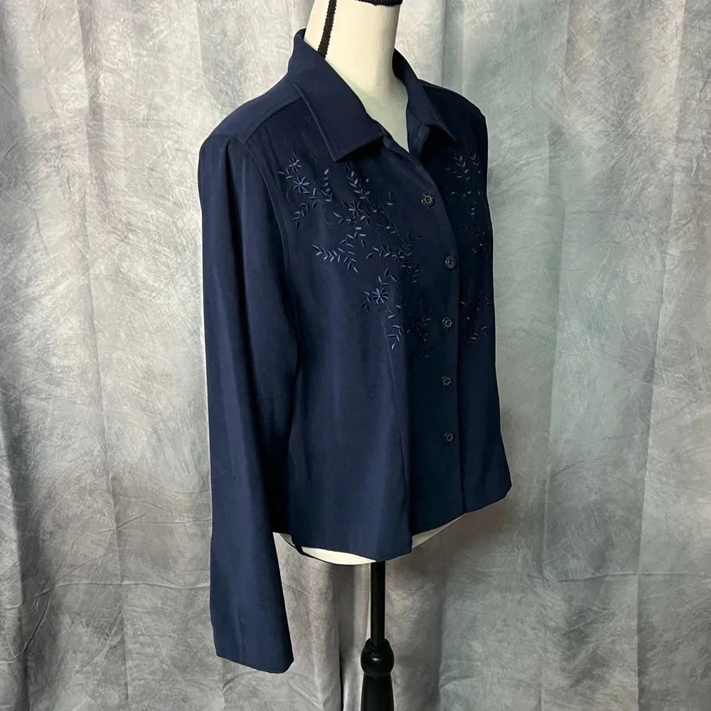 Erika Dresses Navy Open Slit Back Floral Embroidered Long Sleeve Jacket - Large